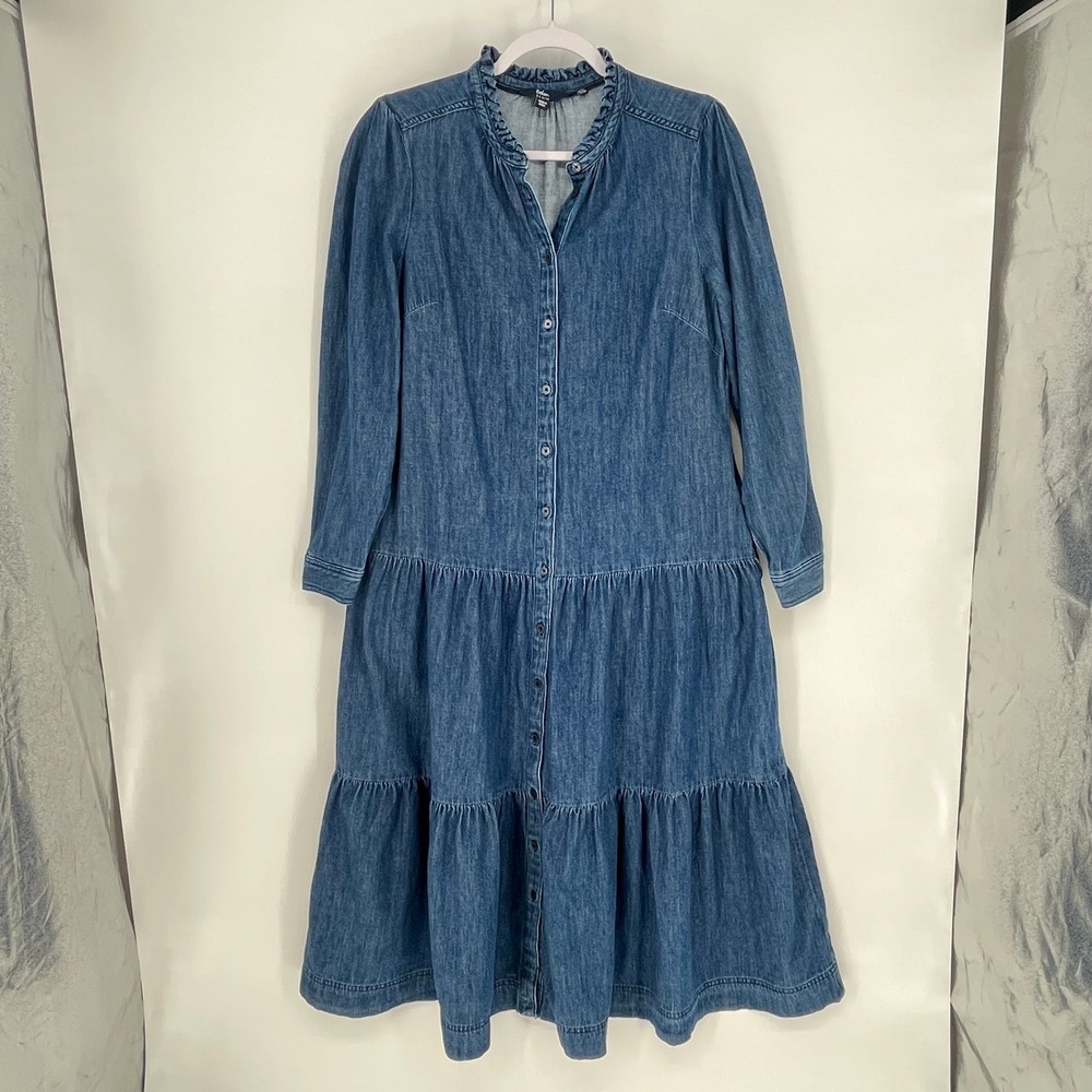 Boden Denim Tiered Midi Dress Womens US 12R Blue Cotton Button Front Pockets - Picture 4 of 13